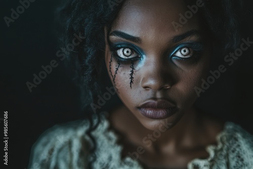 Portrait of an African woman with stitched doll makeup, wearing a vintage lace dress, copy space in the middle, in a black background, Halloween theme, eerie and broken doll aesthetic, dark shadow