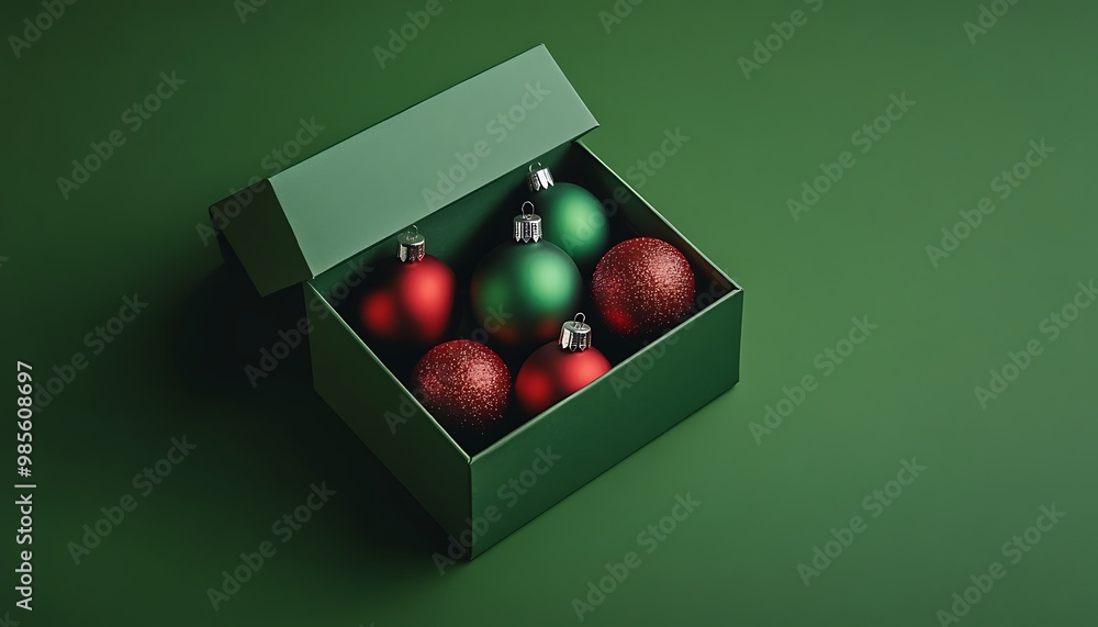 Open green box with red and green christmas ornaments Open green box with red and green christmas ornaments