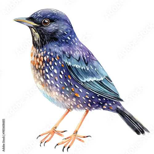 Starling Bird watercolor clipart illustration isolated