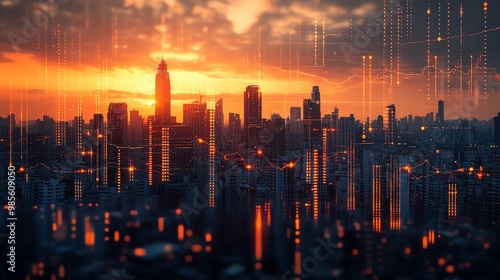 Cityscape at Sunset with Digital Overlay.