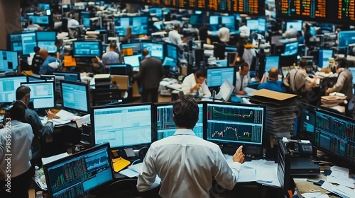 Stock Market Trader Analyzing Charts On Multiple Monitors