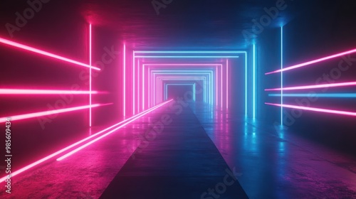 Neon lights create a futuristic tunnel with glowing blue and pink lines on the walls.