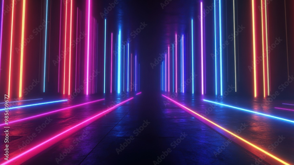 Neon light lines on a dark textured floor. Neon light lines on a dark textured floor.