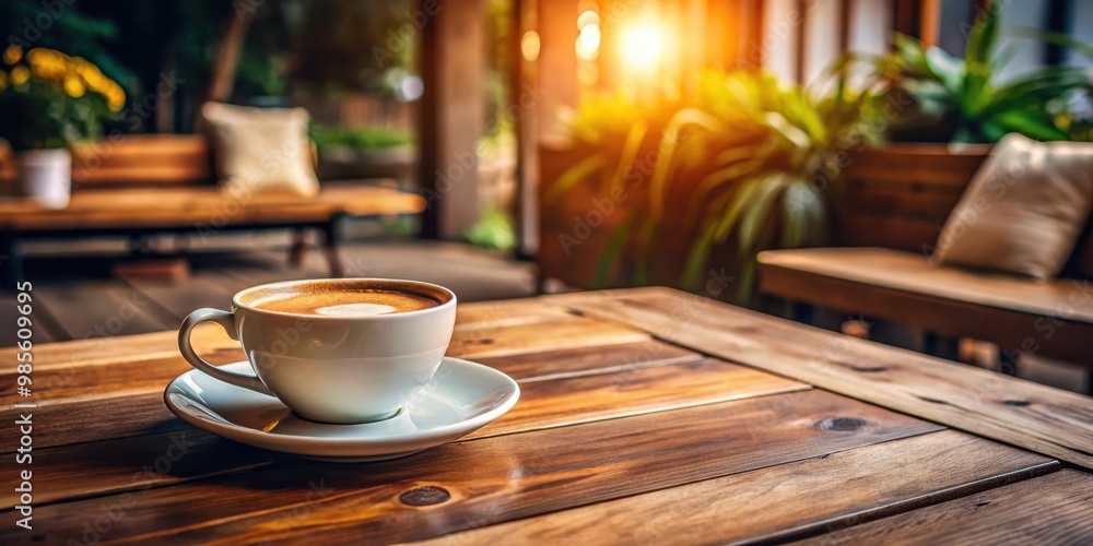 Wooden table with cup of coffee, cozy and inviting atmosphere Wooden table with cup of coffee, cozy and inviting atmosphere
