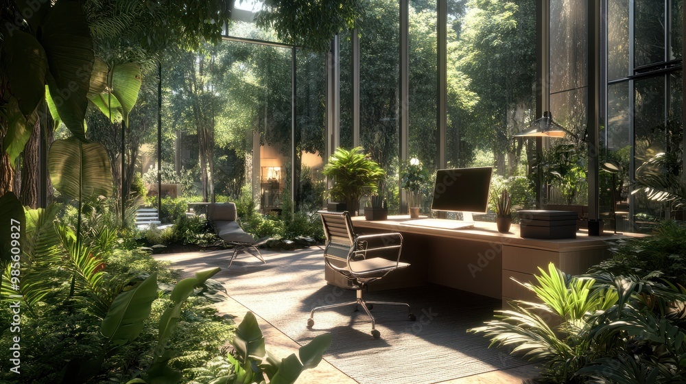With plants and modern furniture, the outdoor office patio offers a refreshing and productive workspace close to nature. With plants and modern furniture, the outdoor office patio offers a refreshing and productive workspace close to nature.
