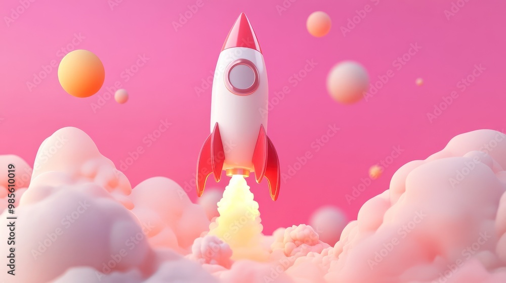 Red and white cartoon rocket ship taking off from pink clouds. Red and white cartoon rocket ship taking off from pink clouds.