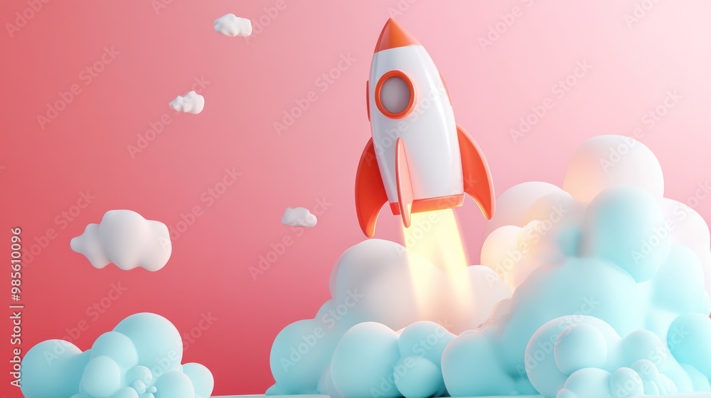 A cartoon rocket ship blasts off against a pink background, leaving a trail of smoke in its wake. A cartoon rocket ship blasts off against a pink background, leaving a trail of smoke in its wake.