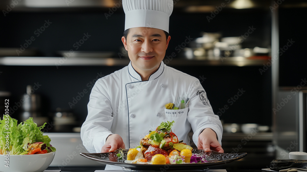 A Korean chef in a white uniform and hat smiles while presenting a beautifully arranged dish. The background shows a professional kitchen