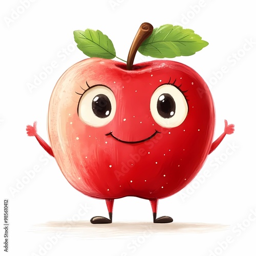 adorable cartoon red aple with a smiling face big eyes, little arms and legs, in a playful style, with a clean white background photo