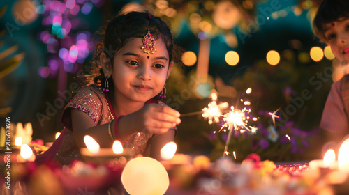 Niña celebrando Diwali con bengala y luces photo