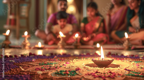 Familia hindú celebrando Diwali con lámparas y rangoli photo