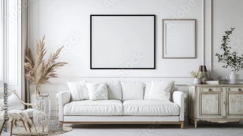 Elegant Living Room with White Sofa and Two Framed Pictures