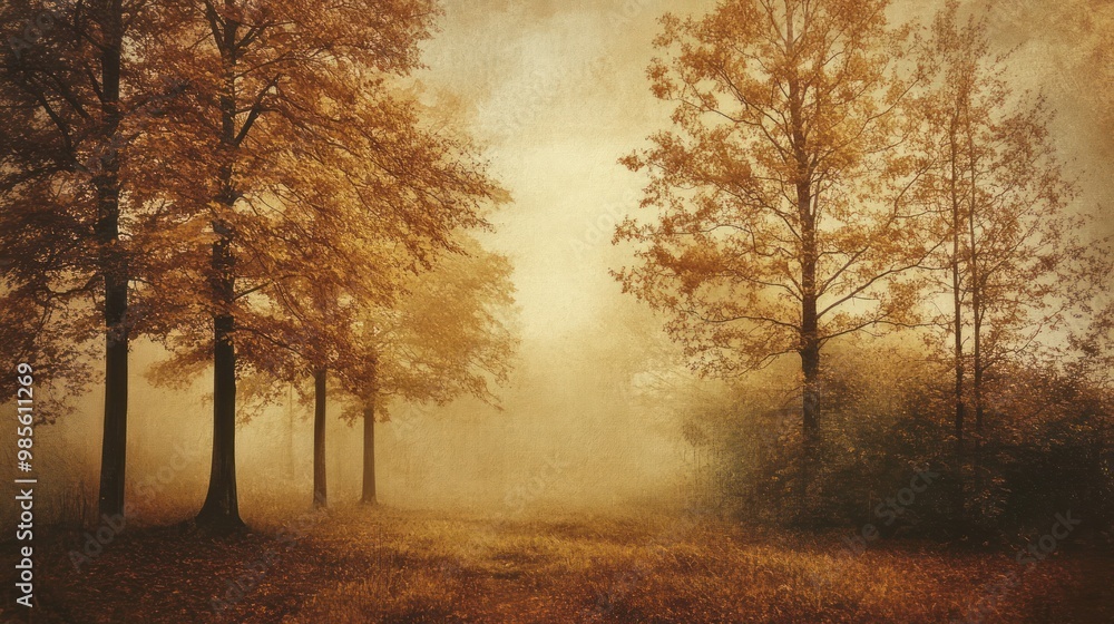 Fototapeta premium Silhouettes of trees in a misty autumnal forest with a vintage effect.