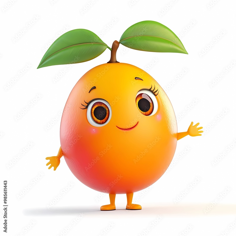 A cute cartoon mango with a smiling face big eyes, little arms and legs, in a playful style, with a clean white background A cute cartoon mango with a smiling face big eyes, little arms and legs, in a playful style, with a clean white background