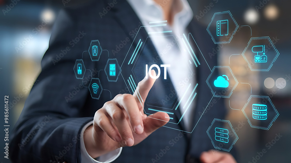 IOT, business suit interacting with a futuristic IOT interface, Internet of Things, smart technology, digital interaction, IoT integration IOT, business suit interacting with a futuristic IOT interface, Internet of Things, smart technology, digital interaction, IoT integration