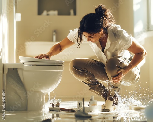 Woman Cleaning Up Water Damage From Toilet Overflow in Bathroom