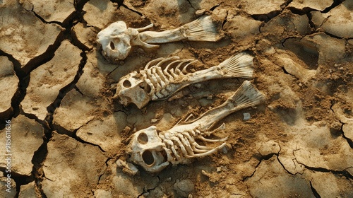 A dried-up lake bed with exposed fish bones and cracked mud, symbolizing the ecological destruction caused by drought. photo