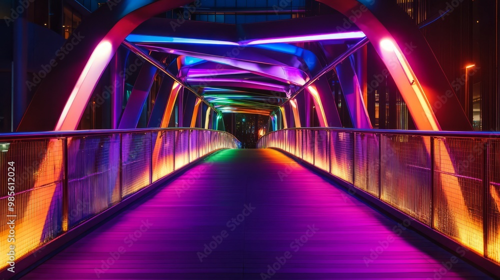 Neon Nightscape: Pedestrian Bridge bathed in vibrant, multicolored LED lights. A captivating nightscape of urban architecture and modern illumination. Neon Nightscape: Pedestrian Bridge bathed in vibrant, multicolored LED lights. A captivating nightscape of urban architecture and modern illumination.