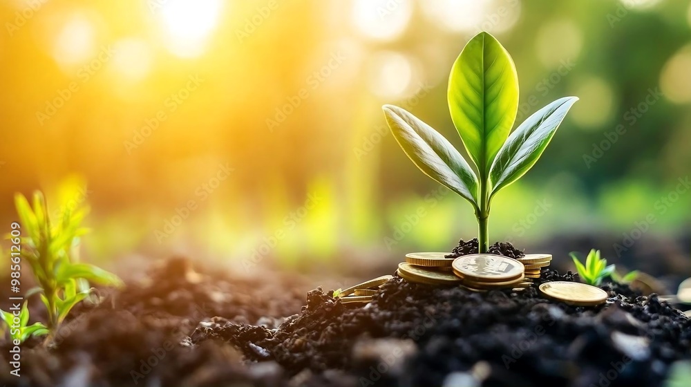 Growing Money Plant Seedling with Coins in Soil Growing Money Plant Seedling with Coins in Soil