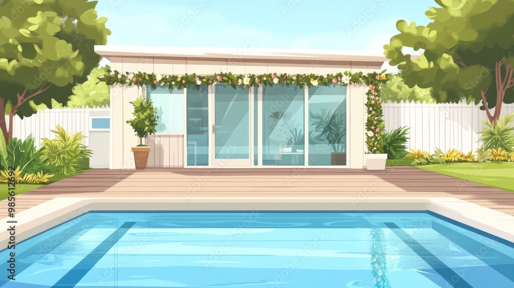 Fototapeta premium Modern home with swimming pool and lush greenery.