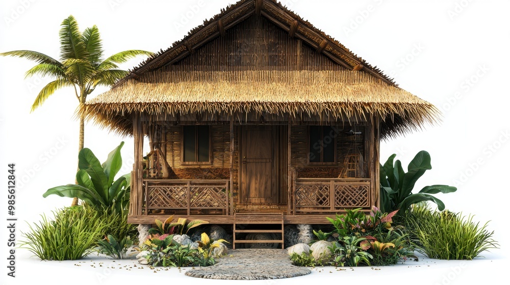Tropical Hut with Palm Tree and Greenery. Tropical Hut with Palm Tree and Greenery.
