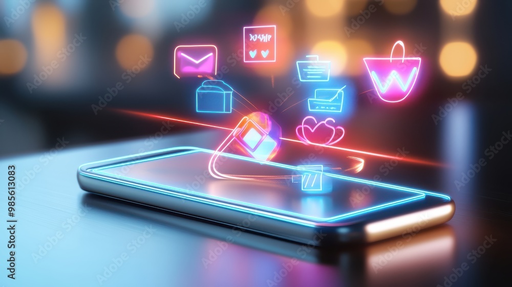 Smartphone displaying notifications of Black Friday deals, with neon sale icons and product images. Smartphone displaying notifications of Black Friday deals, with neon sale icons and product images.