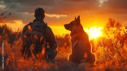 A Serene and Beautiful Sunset Featuring a Man and His Beloved Dog Embraced by Nature