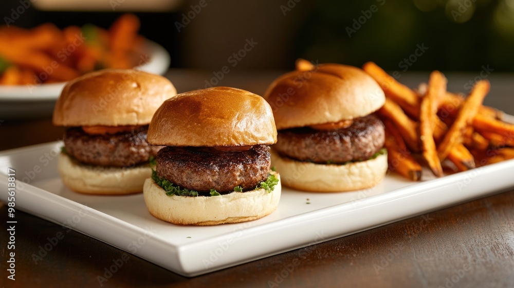 Three Mini Burgers with Sweet Potato Fries on a White Plate Three Mini Burgers with Sweet Potato Fries on a White Plate