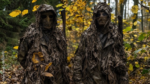 Two Figures Cloaked in Leaves Standing in a Forest