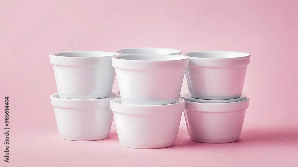Stacked White Ceramic Pots on Pink Background Stacked White Ceramic Pots on Pink Background