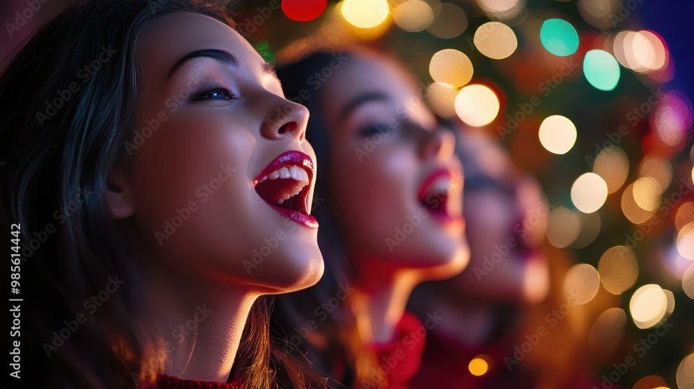Friends singing carols in Christmas eve on blurred. decorated shiny Christmas Tree background, with copy space. Friends singing carols in Christmas eve on blurred. decorated shiny Christmas Tree background, with copy space.