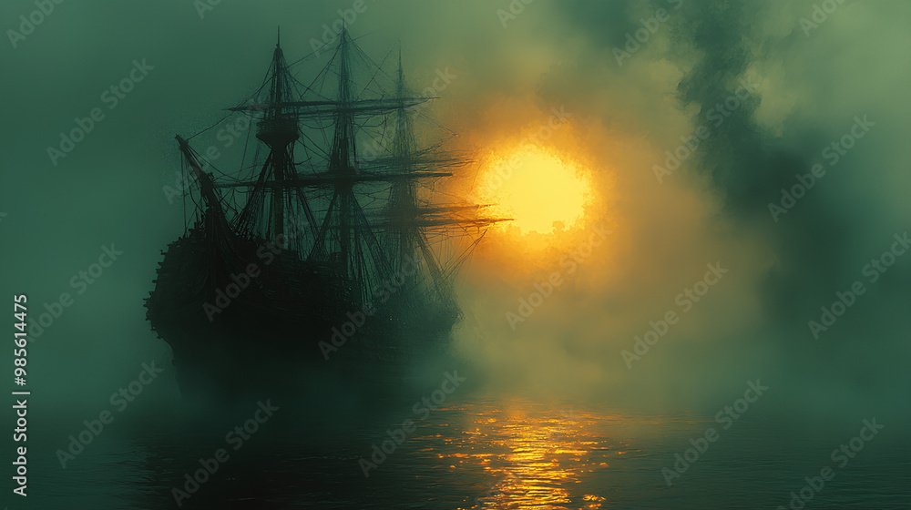 Obraz premium Abandoned pirate ship, glowing with cursed gold, eerie fog, Watercolor style