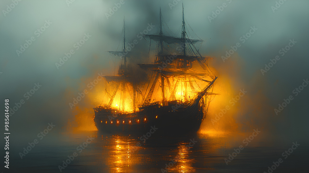 Abandoned pirate ship, glowing with cursed gold, eerie fog, Watercolor style Abandoned pirate ship, glowing with cursed gold, eerie fog, Watercolor style