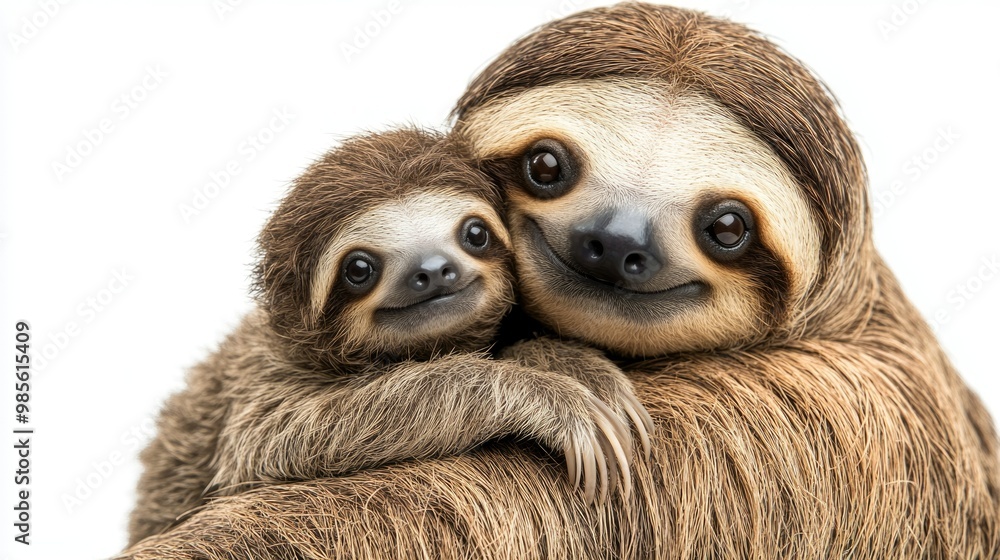 Naklejka premium A mother sloth is holding her baby