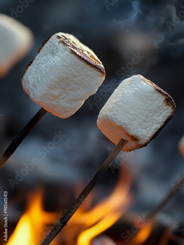 Two marshmallows on sticks slowly turning golden brown above hot flames, creating a delightful campfire treat