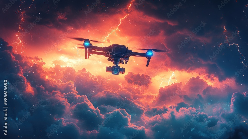 Fototapeta premium A drone flies through a stormy sky, with lightning bolts in the background.