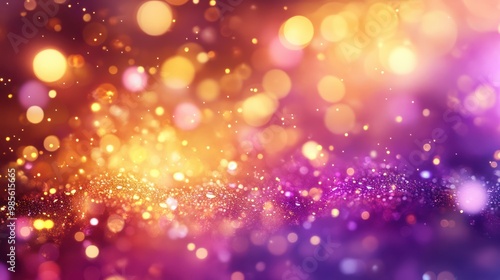 Magic background with golden bokeh with colorful purple pink yellow. Frame from golden shiny splashes, drops.