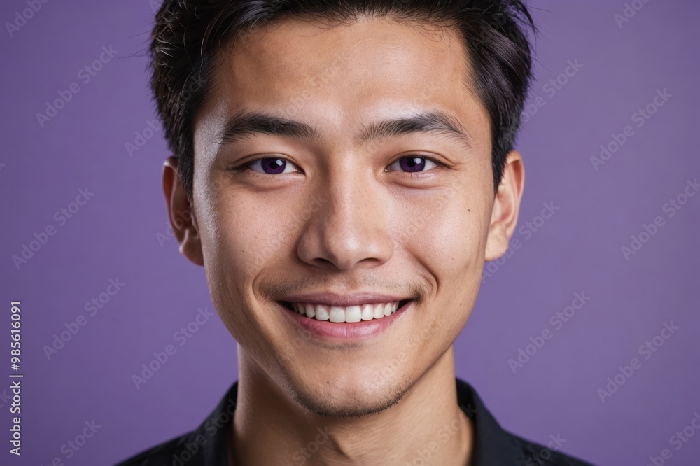 Full framed very close face portrait of a smiling young asian man with violet eyes looking at the camera, studio shot,violet background. Full framed very close face portrait of a smiling young asian man with violet eyes looking at the camera, studio shot,violet background.