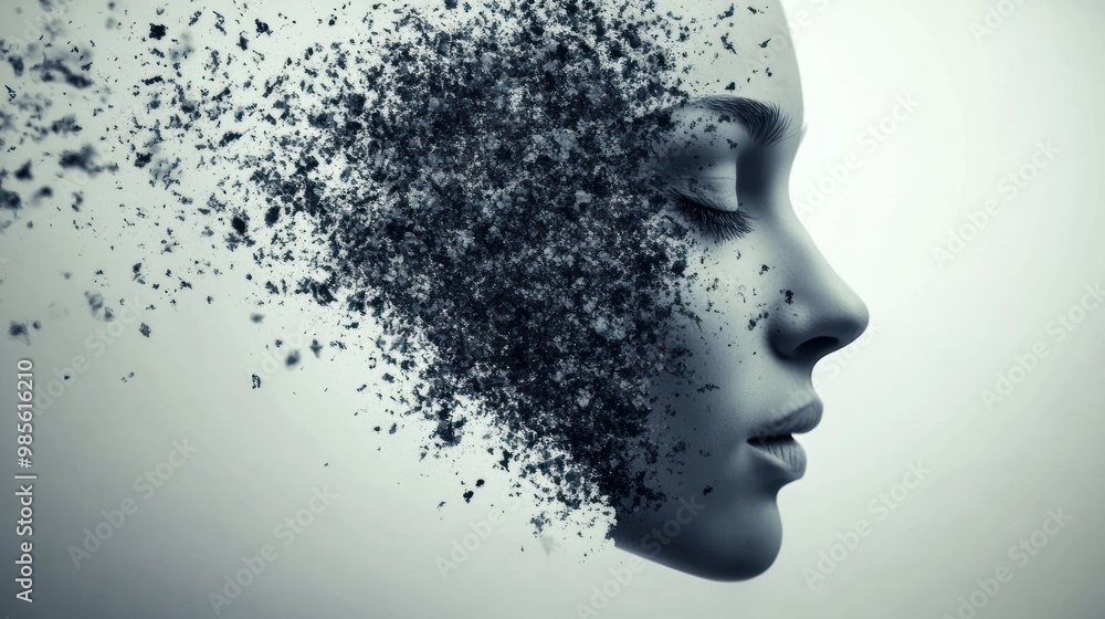 Abstract portrait of a woman's face dissolving into particles. Abstract portrait of a woman's face dissolving into particles.
