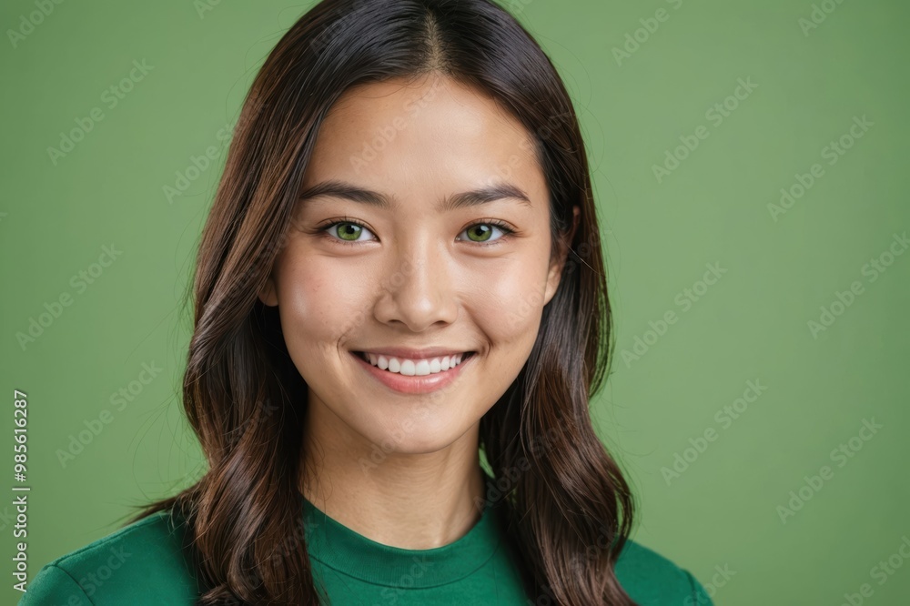 Full framed very close face portrait of a smiling young asian woman with green eyes looking at the camera, studio shot,green background. Full framed very close face portrait of a smiling young asian woman with green eyes looking at the camera, studio shot,green background.