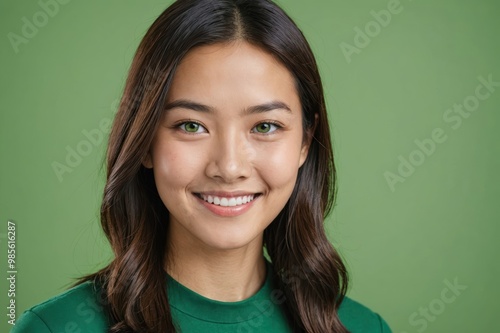 Full framed very close face portrait of a smiling young asian woman with green eyes looking at the camera, studio shot,green background.