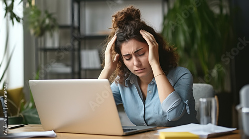 A woman sitting at her desk with a laptop is holding her head and looking worried due to office-associated stress. 