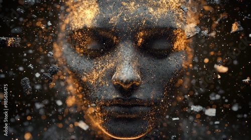 A close-up of a human face made of glowing particles and surrounded by sparkling dust.