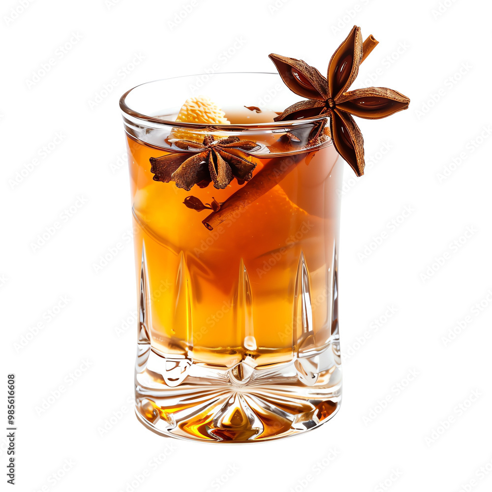 Elegant glass of spiced cocktail with star anise garnish, showcasing sophisticated presentation and vibrant colors, ideal for drink collections. Elegant glass of spiced cocktail with star anise garnish, showcasing sophisticated presentation and vibrant colors, ideal for drink collections.