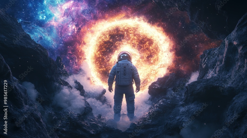 A lone astronaut stands on a rocky planet, gazing towards a massive, burning star in the distance. A lone astronaut stands on a rocky planet, gazing towards a massive, burning star in the distance.