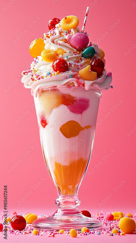 Colorful and Delicious Ice Cream Sundae with Candy Toppings.
