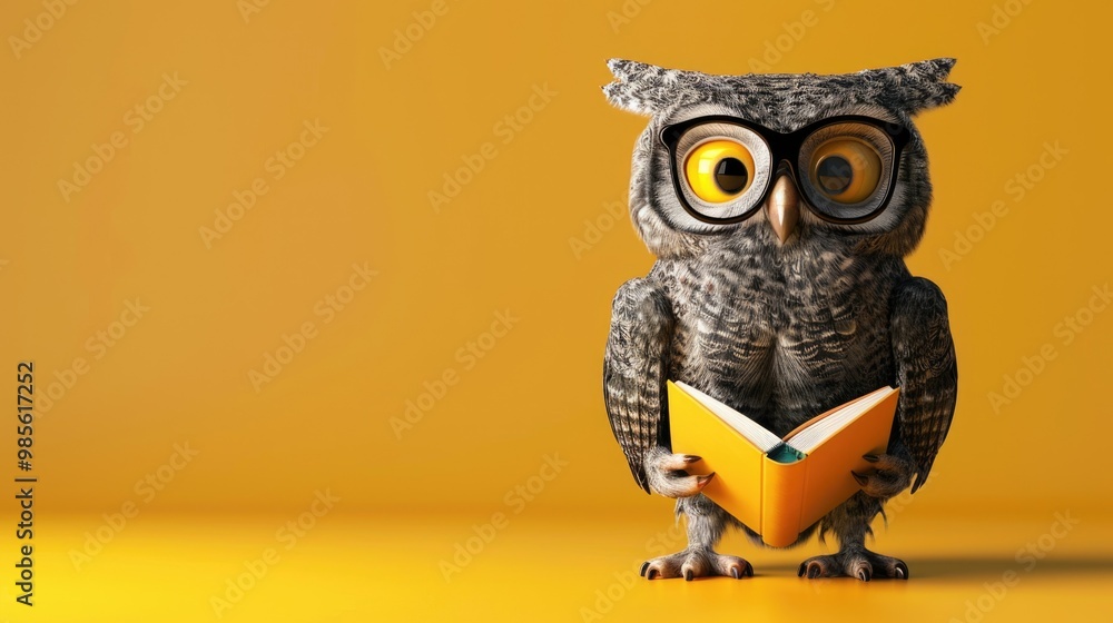 A cartoon owl is reading a book with glasses on its face A cartoon owl is reading a book with glasses on its face