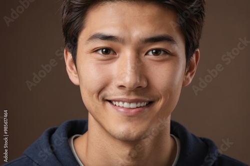 Full framed very close face portrait of a smiling young japanese man with brown eyes looking at the camera, studio shot,brown background.