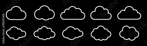 Vector icon of the clouds set. Clouds collection in outline style. White cloudy set isolated on black background. White clouds of different shapes. Collection of different white clouds. Flat design.