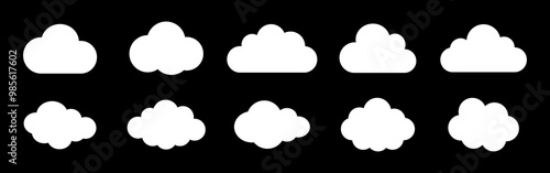 Vector illustration of the clouds set on black background. Clouds collection. White cloudy set isolated on black background. White clouds of different shapes. Collection of different white clouds.